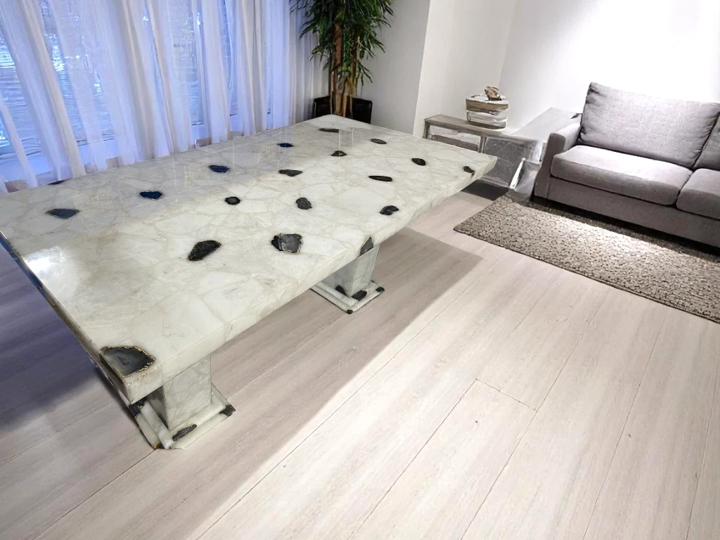 White Quartz Agate Dining Table Top Handmade Luxury Furniture